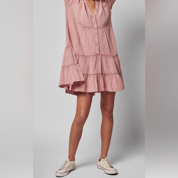 Faherty Kasey Dream Cotton Gauze Tiered Mini Dress Sunwashed Dusty Rose Size L - Picture 3 of 8
